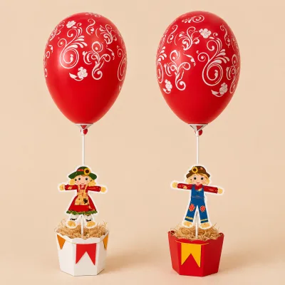 Cachepot de tema junino, base para arranjo de mesa em festa de arraial.