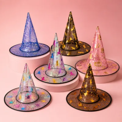 Chapéus de bruxa transparentes, com estampas variadas