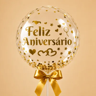 Adesivo para Balão Bubble — Ouro · FELIZ ANIVERSARIO