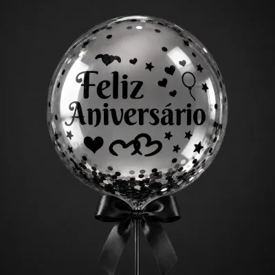 Adesivo para Balão Bubble — Preto · FELIZ ANIVERSARIO