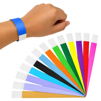 Pulseira de identificação para controle de acesso, pacote com 100 unidades, disponível em 13 cores.